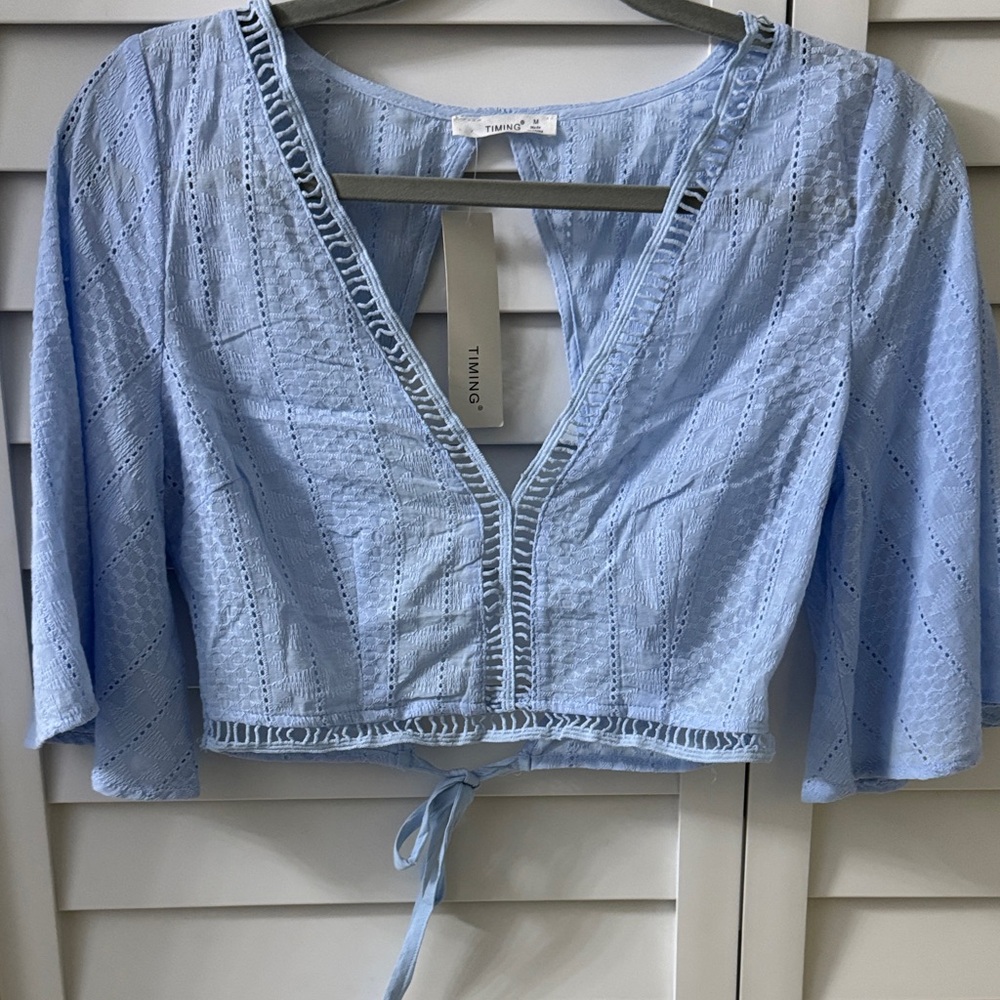 TIMING Baby Blue Eyelet Tie-Front Crop Top